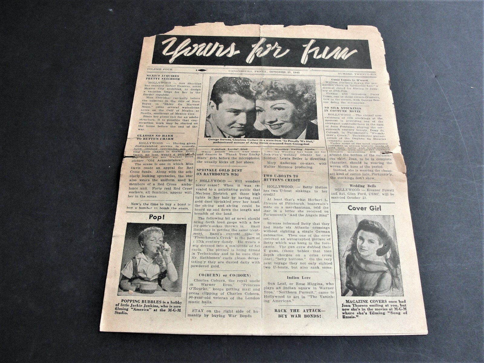 Vintage-Original 1940s Movie News & Ads.- Newspaper Set of (6). RARE.