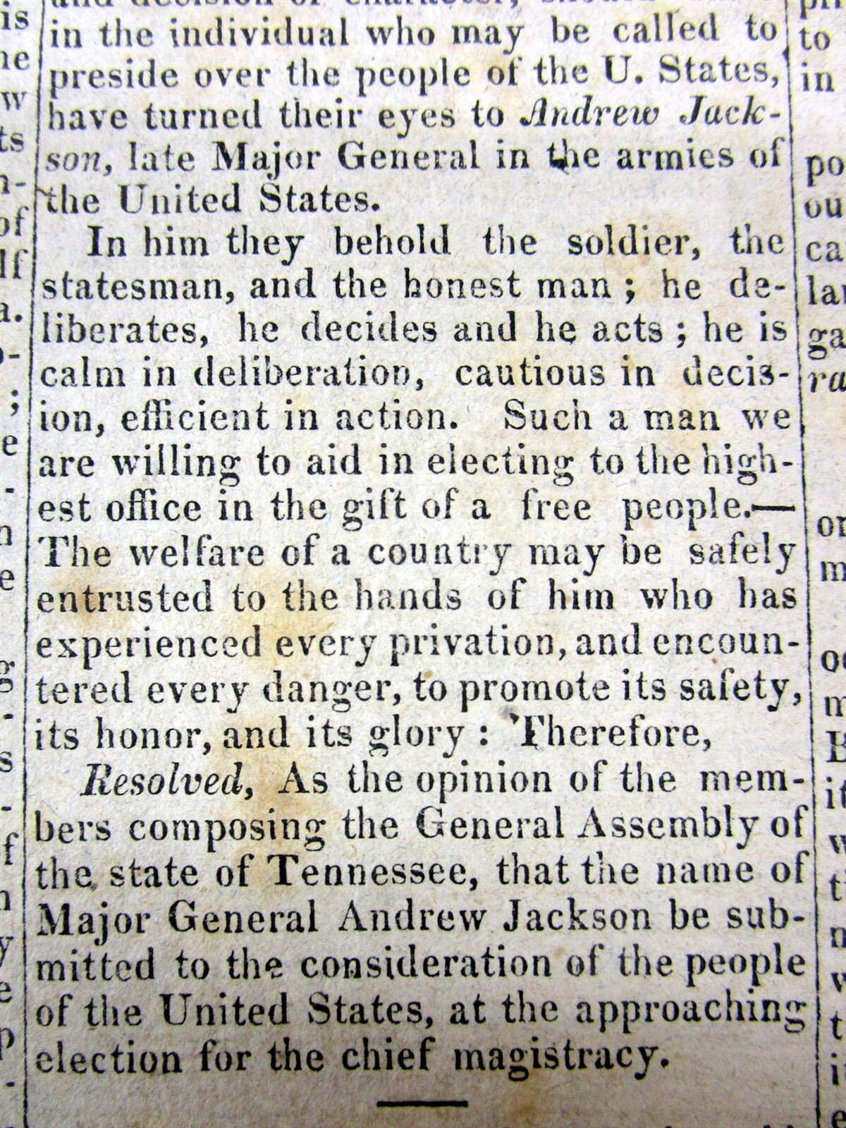 1822 newspaper ANDREW JACKSON NOMINATED for US PRESIDENT by TENNESSEE Seneca Ind