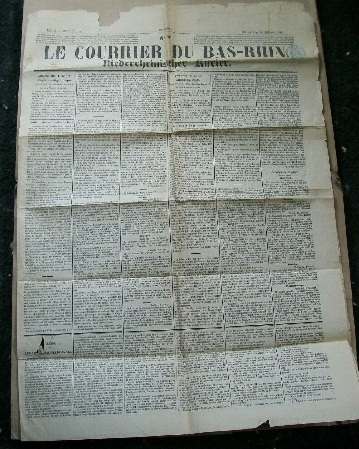 France Germany Strasbourg Strassburg Feb 1869 newspaper Le Courrier Du Bas-Rhin