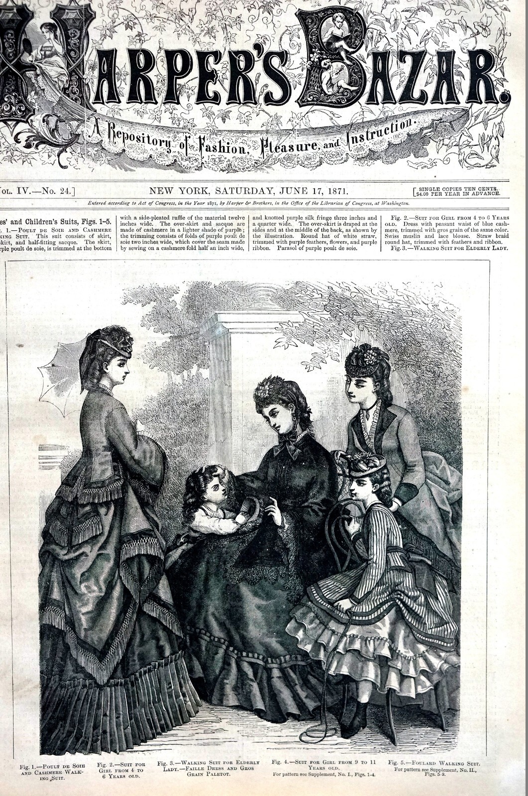 Harper’s Bazar Newspaper 6-17-1871 VICTORIAN FASHION GIRLS LADIES BONNETS DRESS