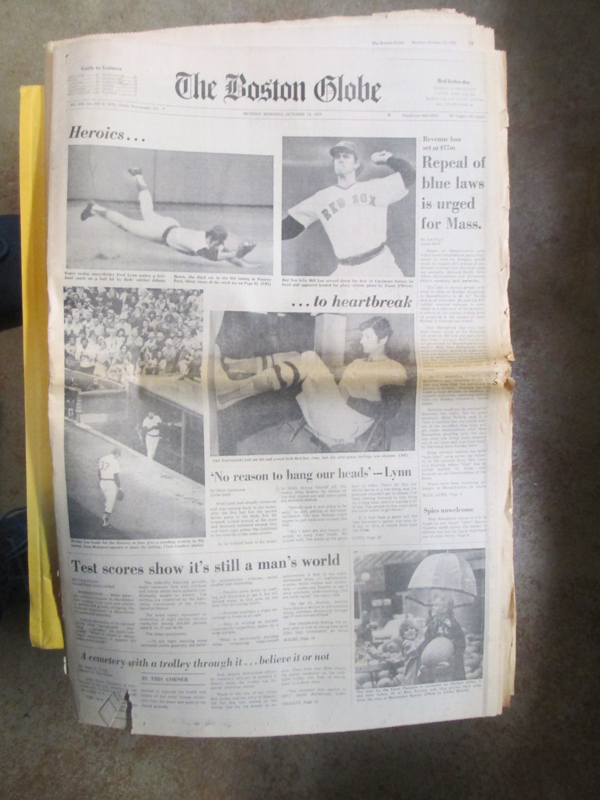 BOSTON GLOBE 10-13-1975 BOSTON RED SOX LOSE GAME 2 WORLD SERIES VS CINCINNATI