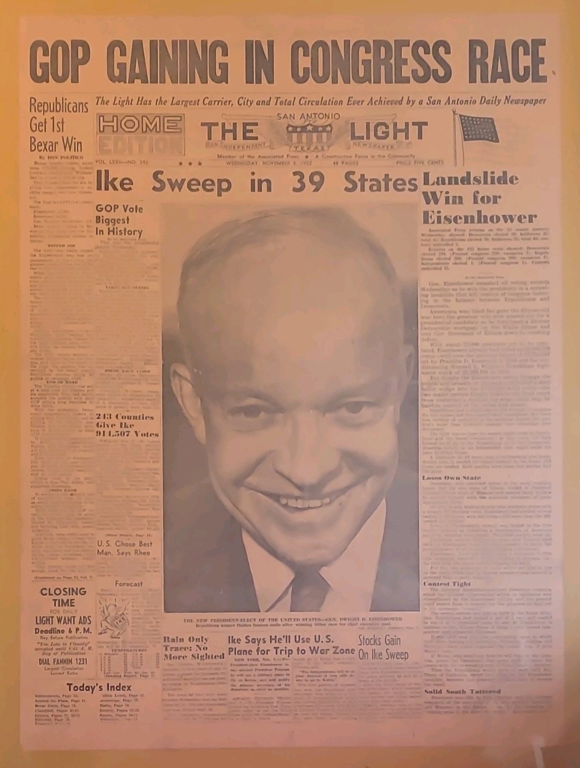Original 1952 San Antonio Light Eisenhower Election Victory Newspaper GOP Win