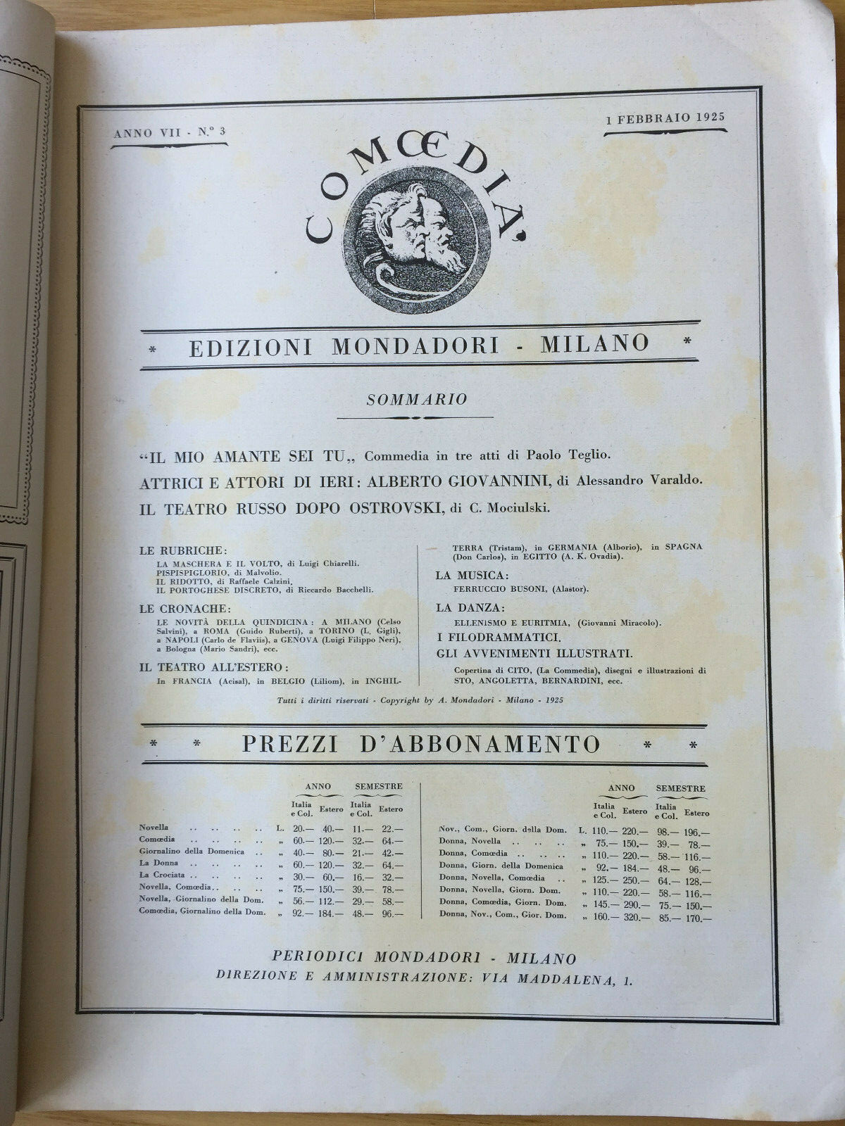MONDADORI COMEDIA PERIODICO COMEDIA E VITA THEATRALE N° 3 1925 A. VARALDO 2/19