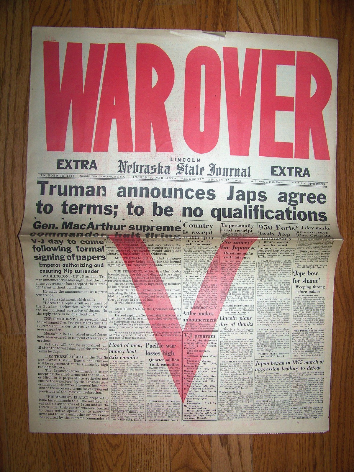 August 15, 1945 Lincoln Nebraska State Journal Newspaper Extra “WAR OVER” WW2