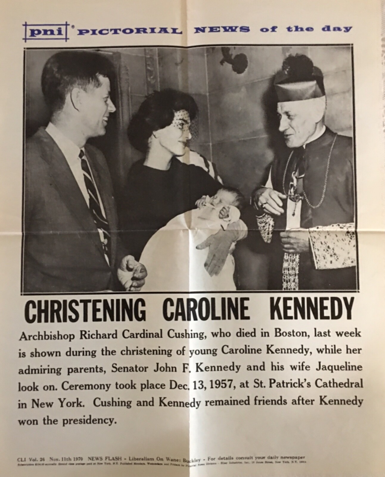 14X17 Pictorial News of the DAY POSTER CHRISTENING of Caroline Kennedy