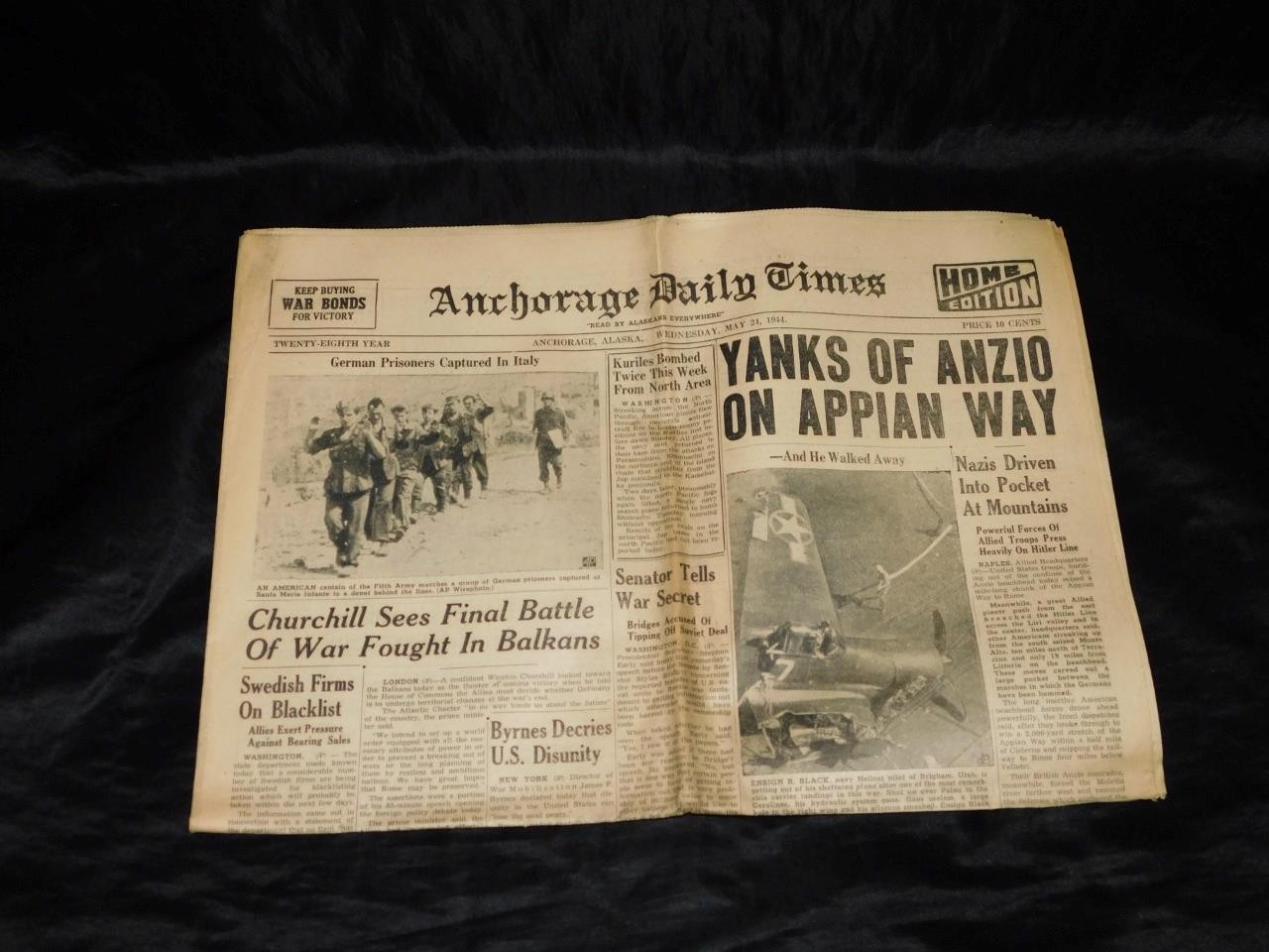 May 24 1944 Anchorage Alaska Newspaper WW2 Anzio Appian Way Italy Kuriles Bombed