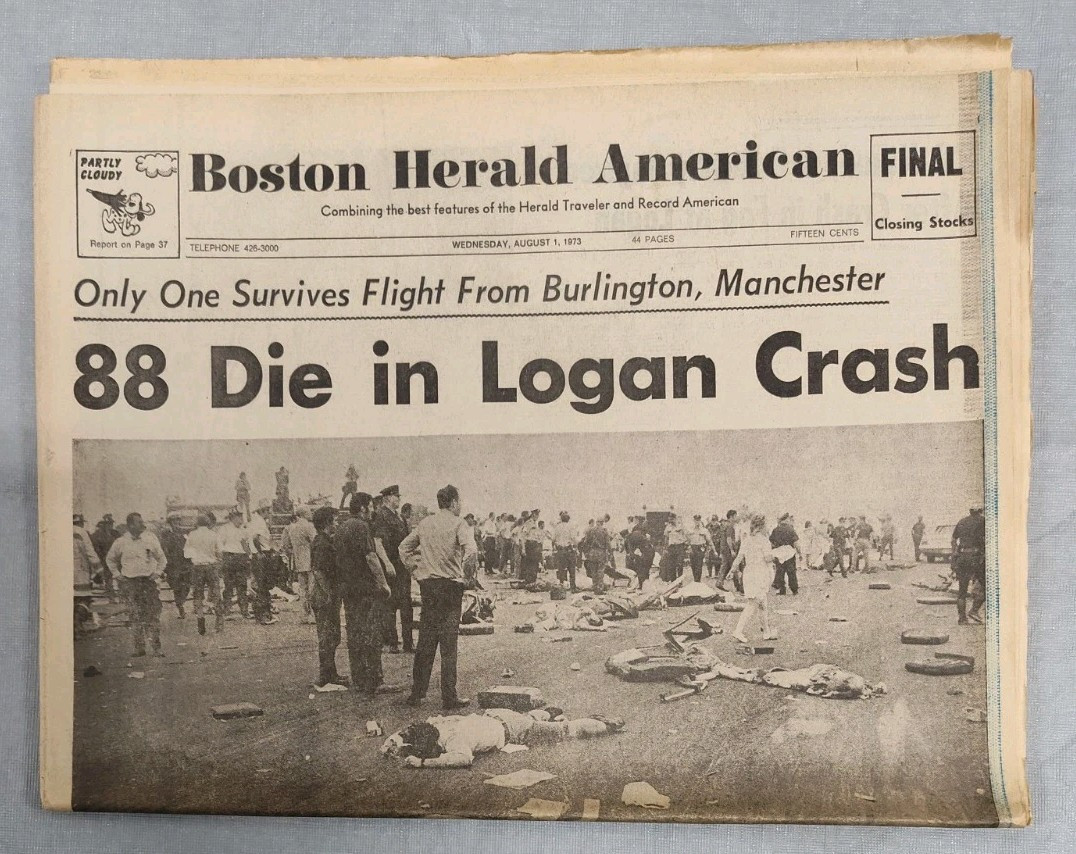 1973 AUGUST, 1 BOSTON HERALD AMERICAN Graphic Plane Crash Disaster Newspaper Vtg