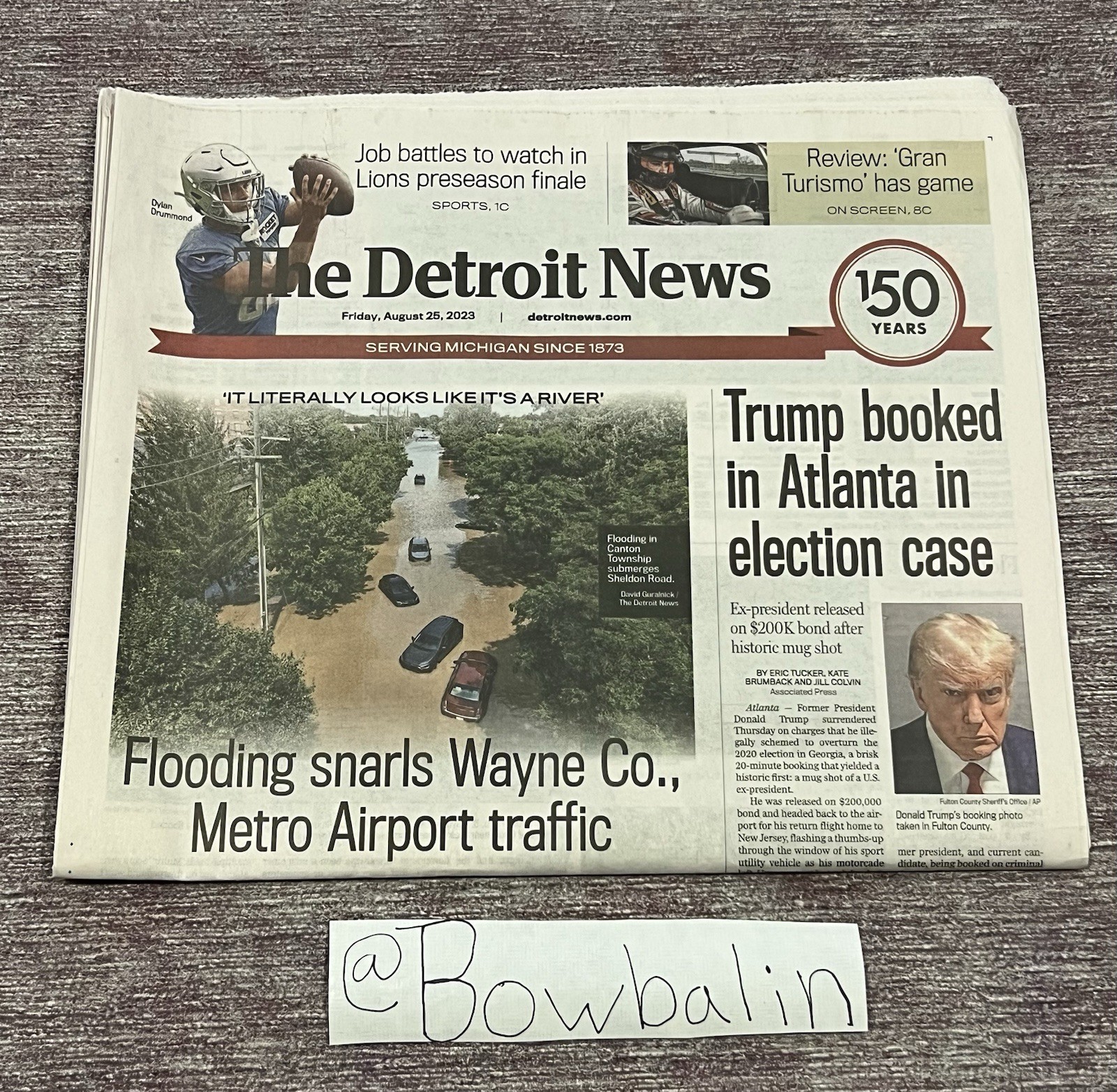 TDN Donald Trump Newspaper Fulton Mugshot 8/25/2023 The Detroit New 150 Years
