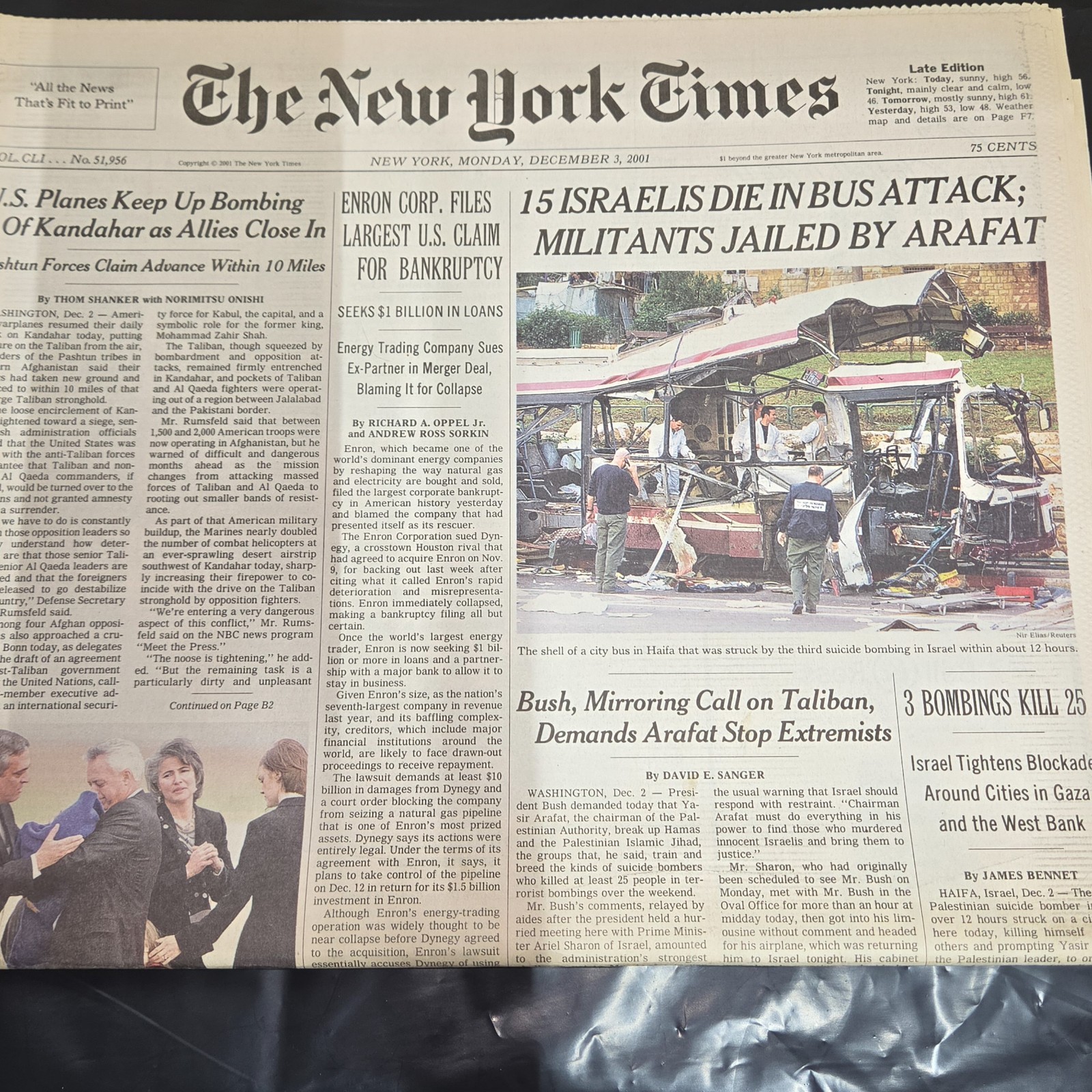 The New York Times December 3 2001 Newspaper Enron Bankruptcy Israel Attack