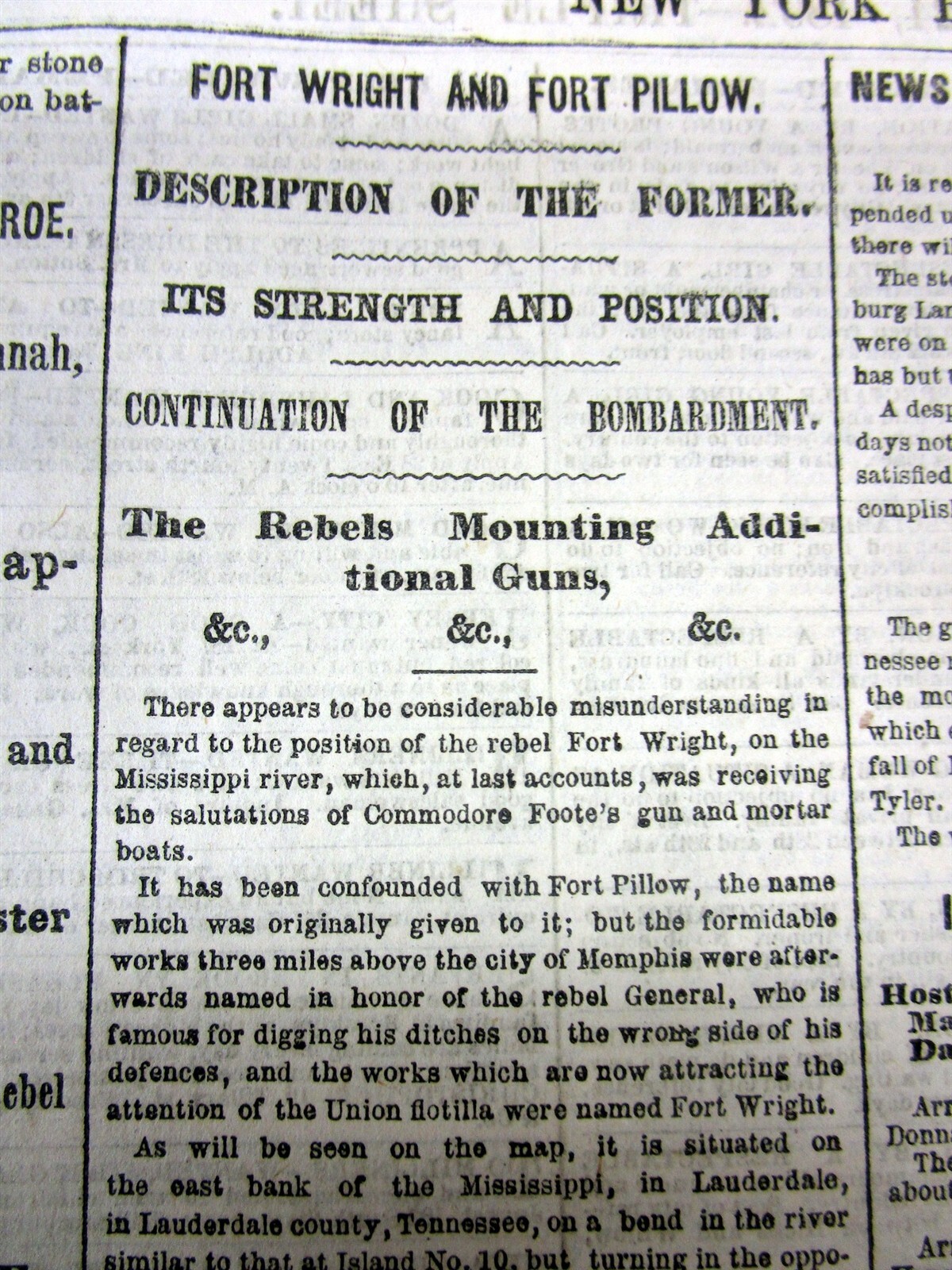 1862 Civil War newspaper w MAP MEMPHIS Tennessee -Ft Wright on MISSISSIPPI RIVER