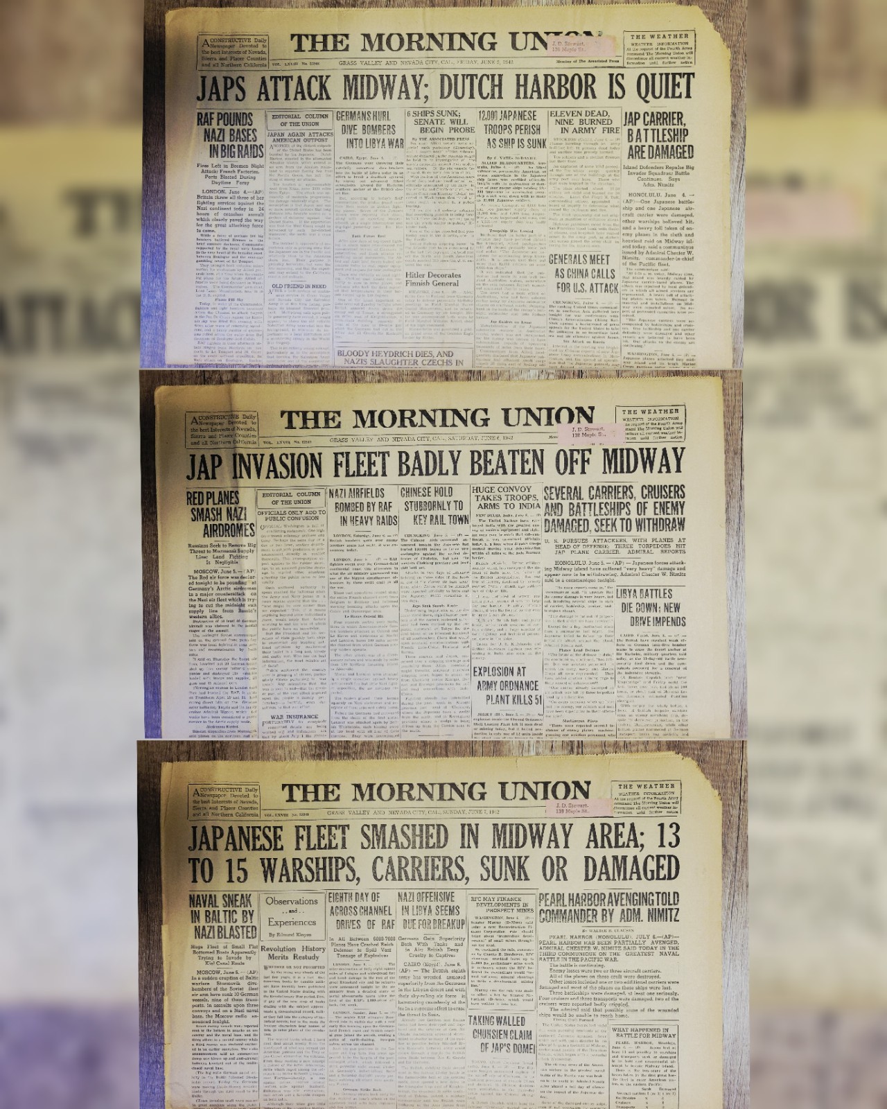 1942 June: Morning Union (NV/CA) Pacific U.S. Navy Japan / World War 2 Headlines