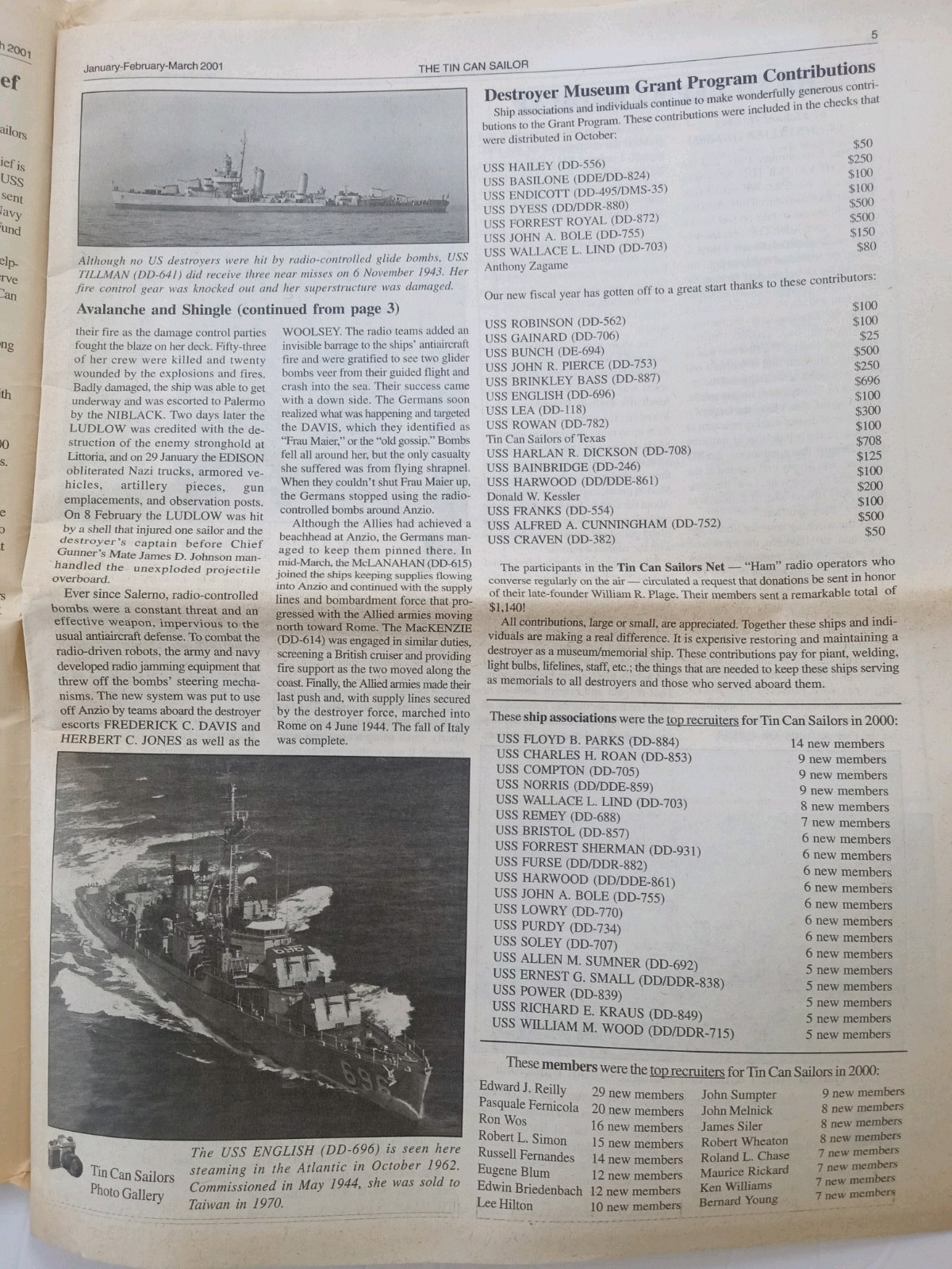 The TIN CAN SAILOR Newspaper 2001 Vol 25 #1 DESTROYER OPERATIONS AGAINST ITALY