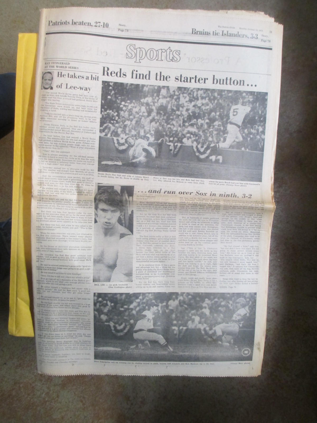 BOSTON GLOBE 10-13-1975 BOSTON RED SOX LOSE GAME 2 WORLD SERIES VS CINCINNATI