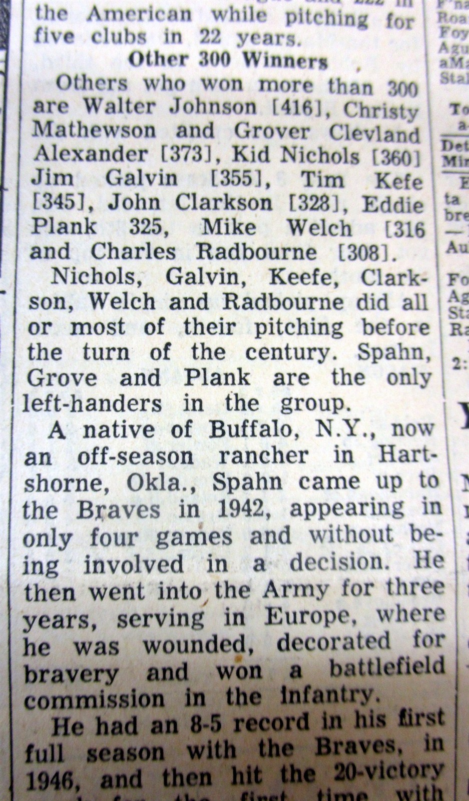 1961 newspaper MILWAUKEE BRAVES pitcher WARREN SPAHN WINS 300th ML BASEBALL GAME