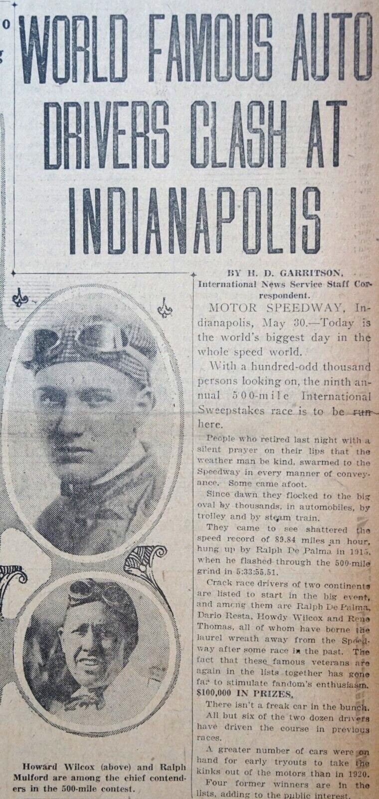 1921 Newspaper Front Page – World’s Famous Auto Drivers at Indianapolis 500 Race