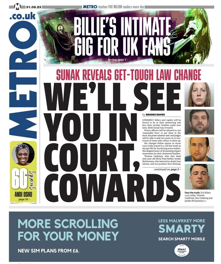 Lucy Letby Law Change Billie Eilish Williams Titanic US Open UK Newspaper 2023