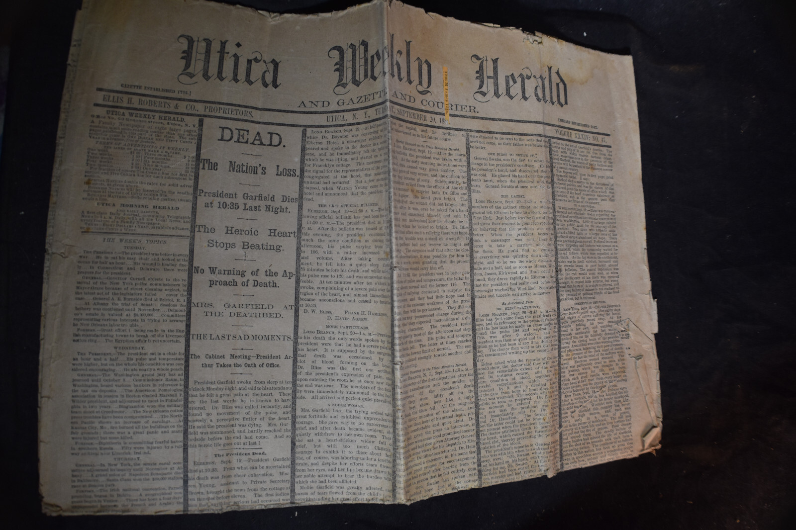 1881 Utica Weekly Herald *PRESIDENT GARFIELD DEAD*