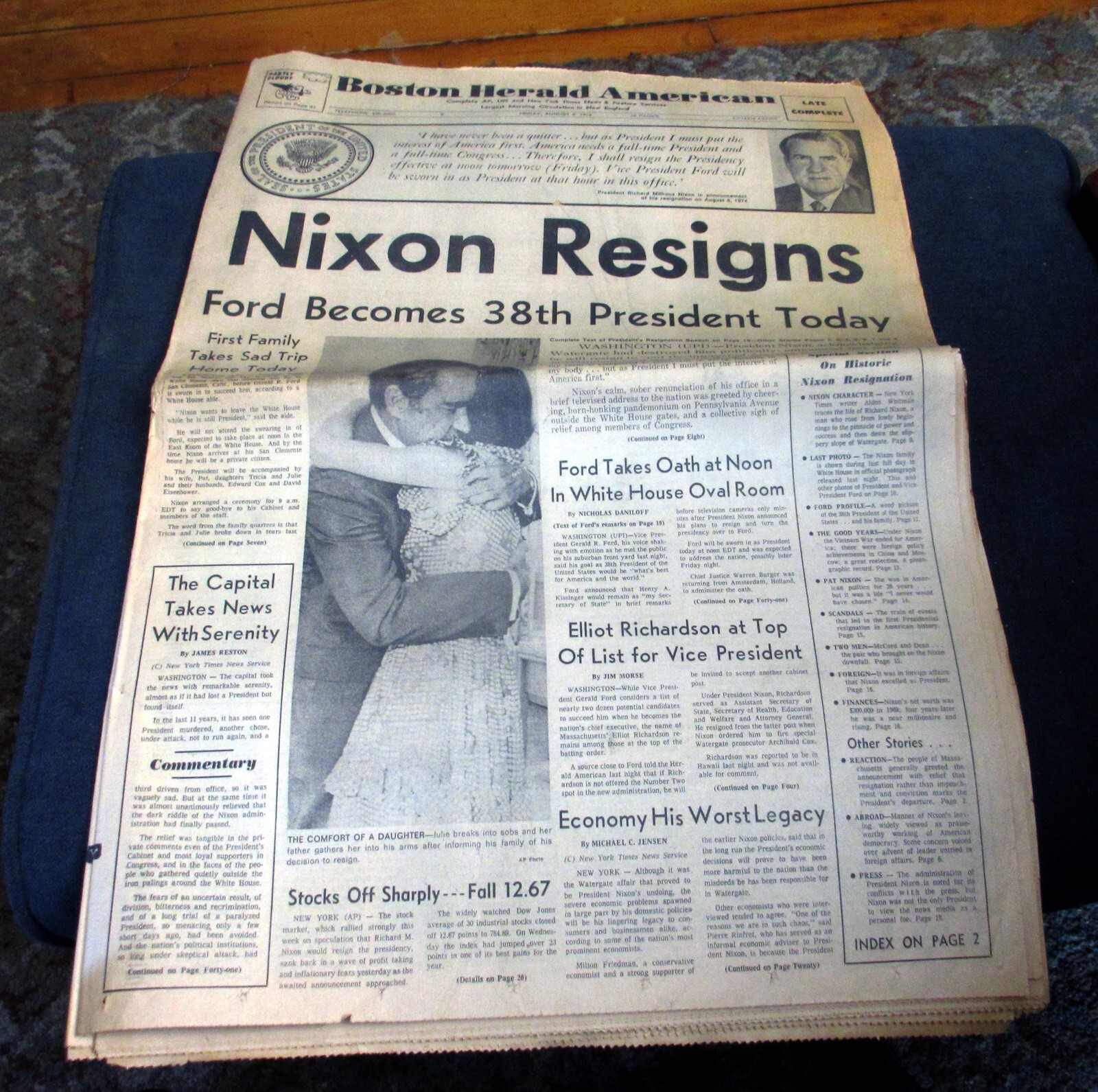 Boston Herald American August 9, 1974 – NIXON RESIGNS, Ford Becomes President