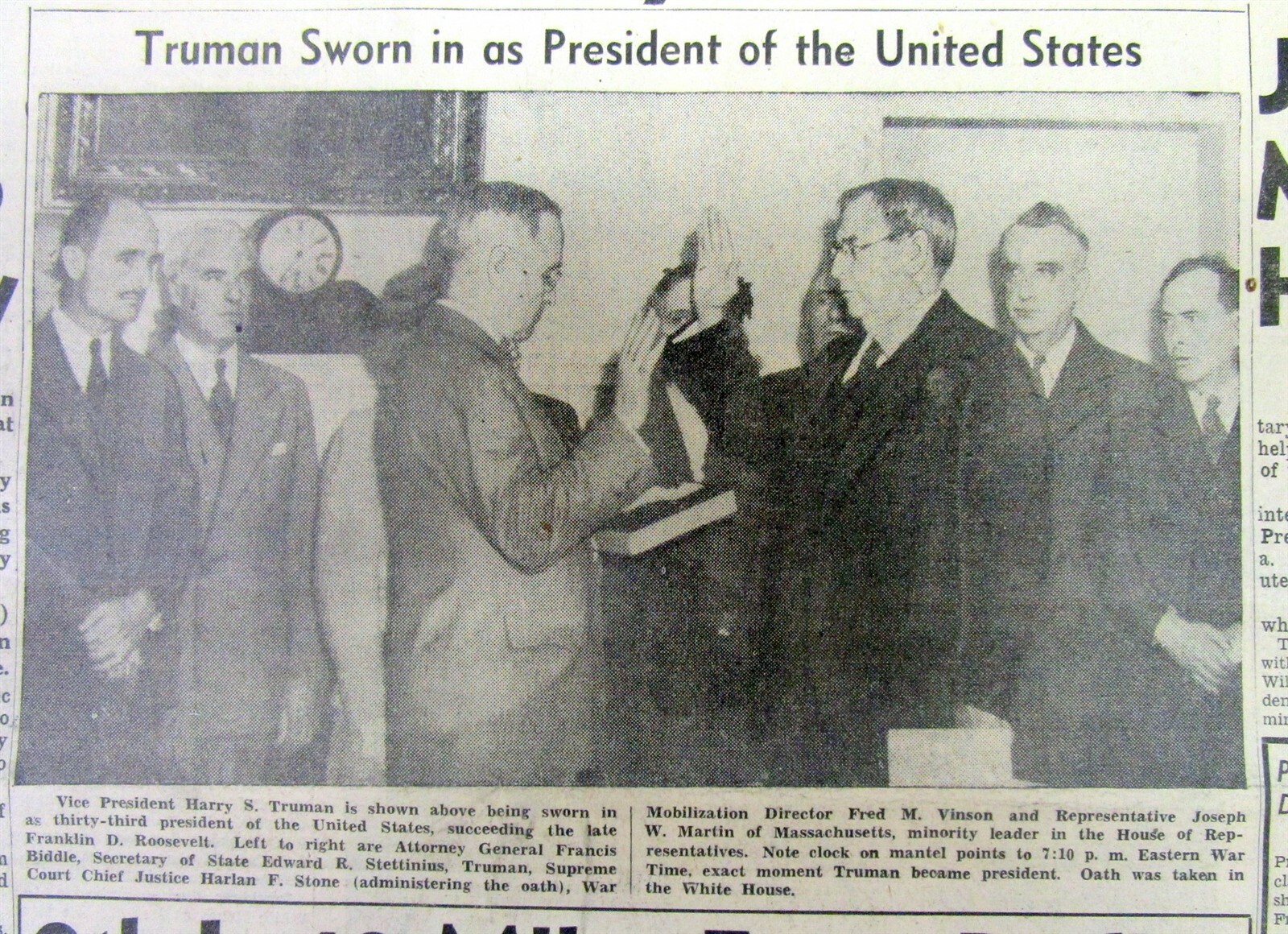 1945 WW II newspaper TRUMAN inaugurated US PRESIDENT w FRANKLIN ROOSEVELT DEATH