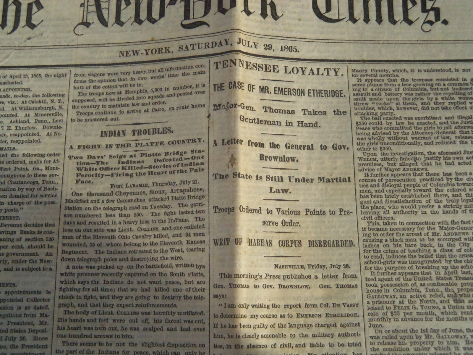 1865 JULY 29 NEW YORK TIMES NEWSPAPER – TENNESSEE UNDER MARTIAL LAW – NP 3992