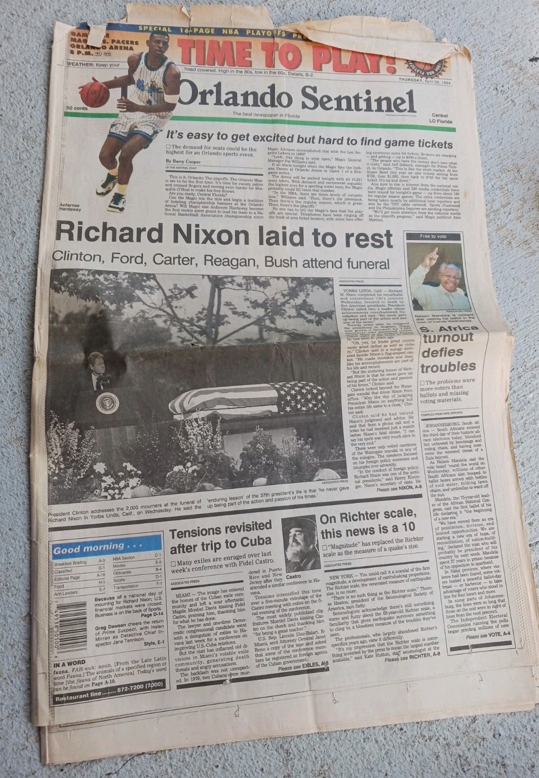 Richard Nixon Funeral Section A Orlando Sentinel April 28 1994 Newspaper