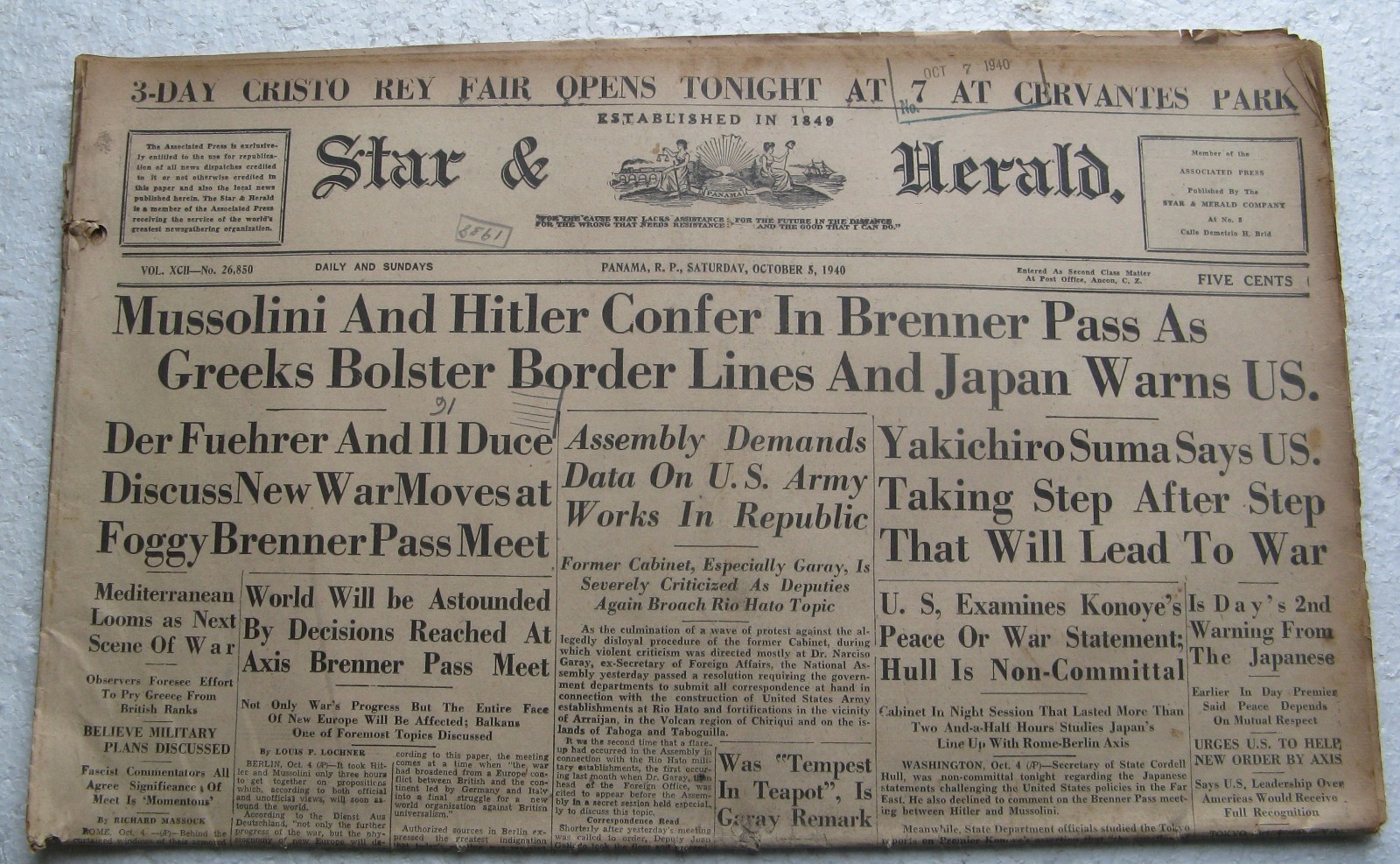 October 5, 1940 Panama Newspaper – Hitler, Detroit Tigers, Max Baer
