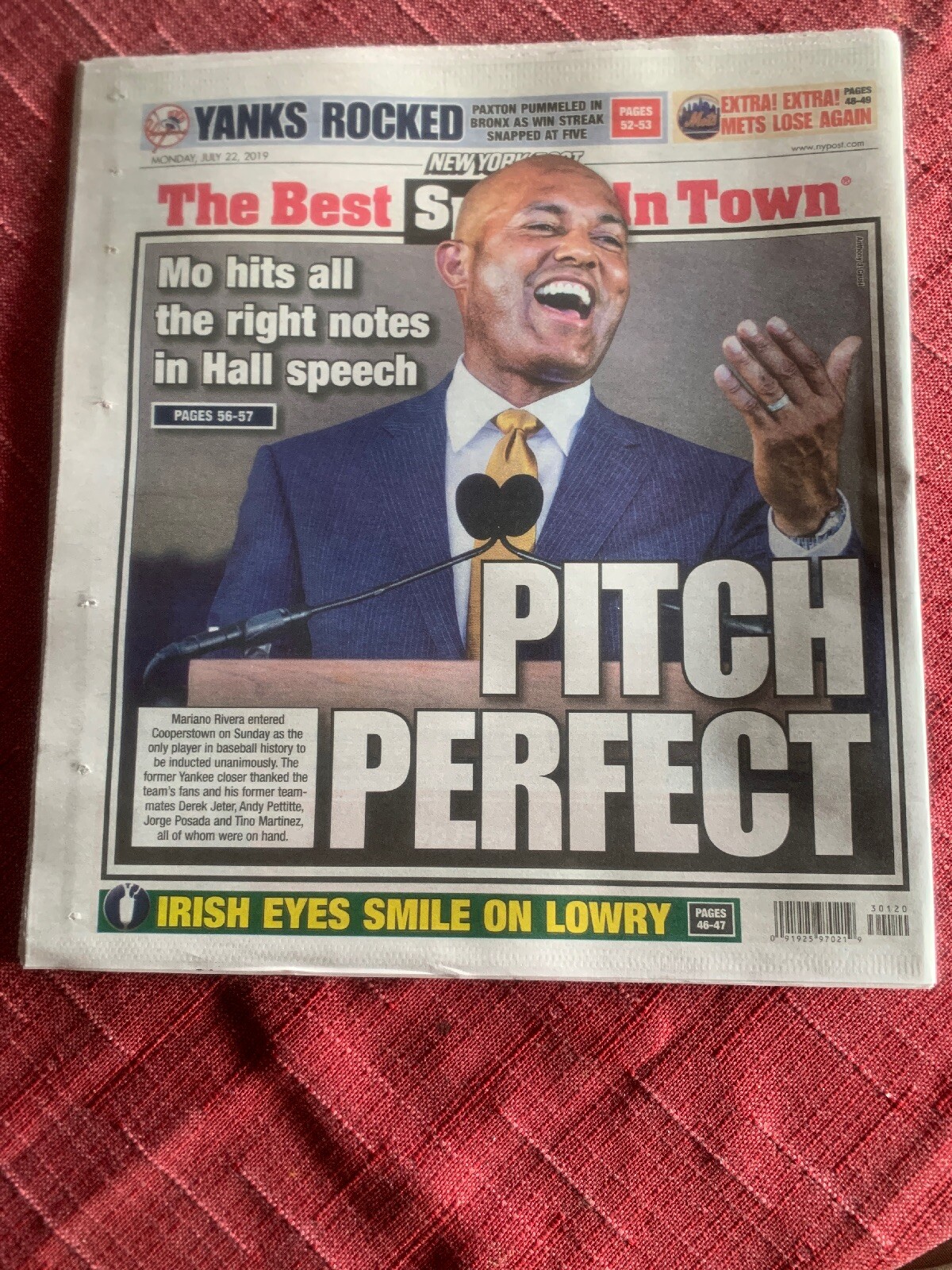 MARIANO RIVERA NY POST NEWSPAPER NY YANKEES HALL OF FAME INDUCTION 7/23/19