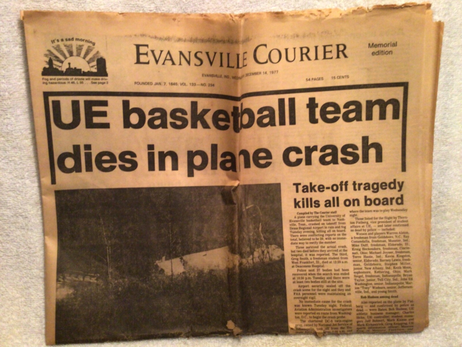 Memorial Edition Newspaper Coverage of 1977 University of Evansville Plane Crash
