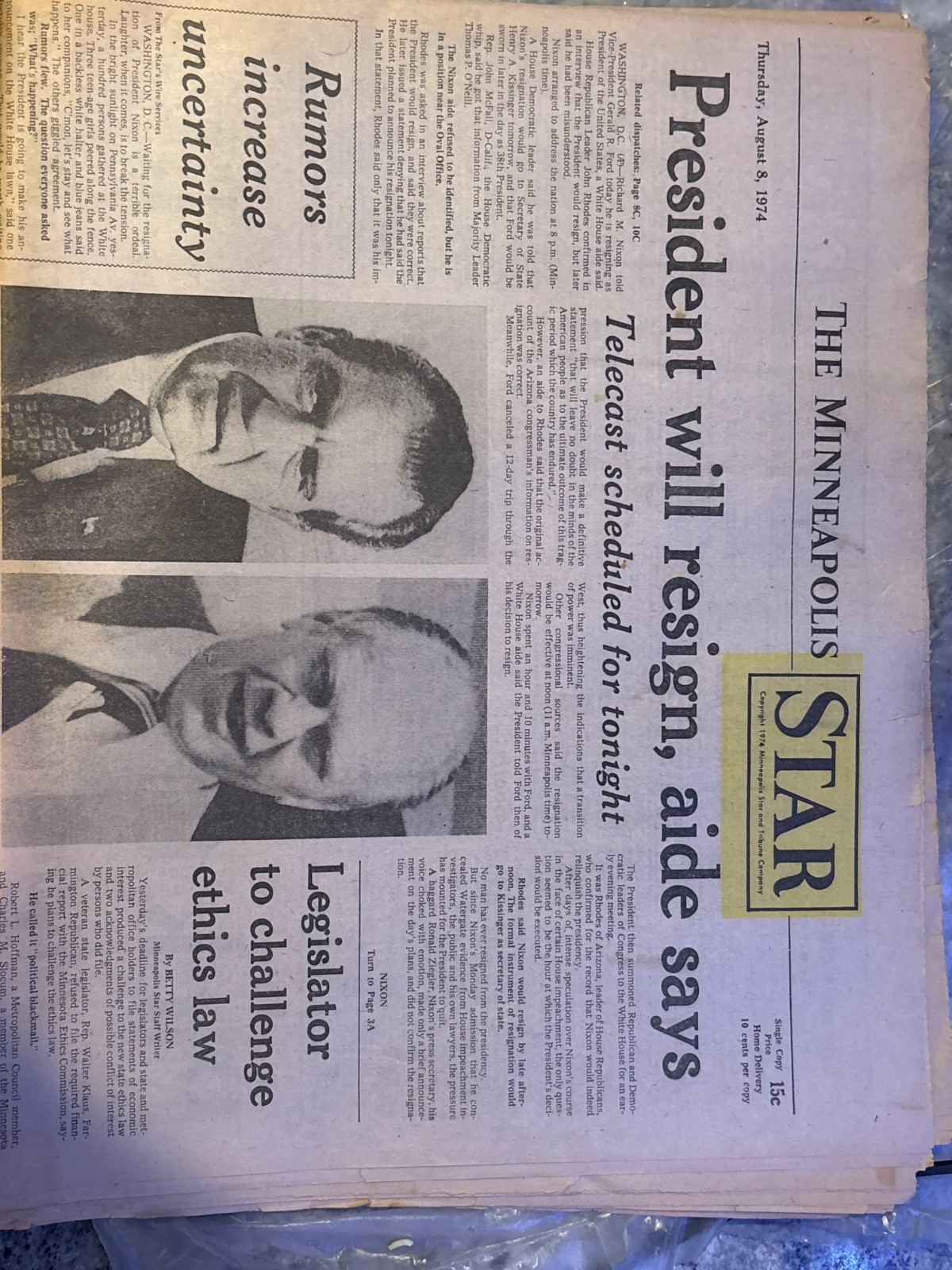 Nixon President Resigns Minneapolis Star 1974 Rare Vintage, ENTIRE PAPER!