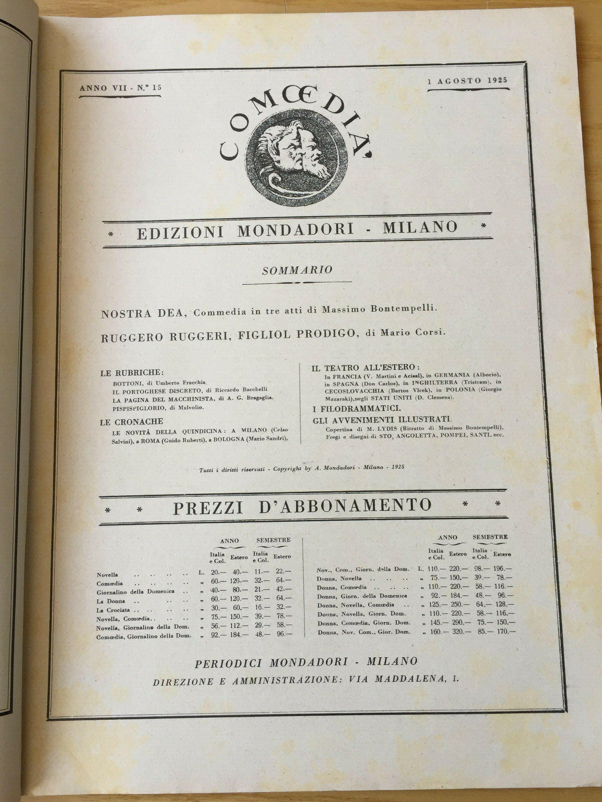 MONDADORI COMEDIA PERIODICO COMEDIA E VITA THEATRALE N 15 1925 BONTEMPELLI 2/19
