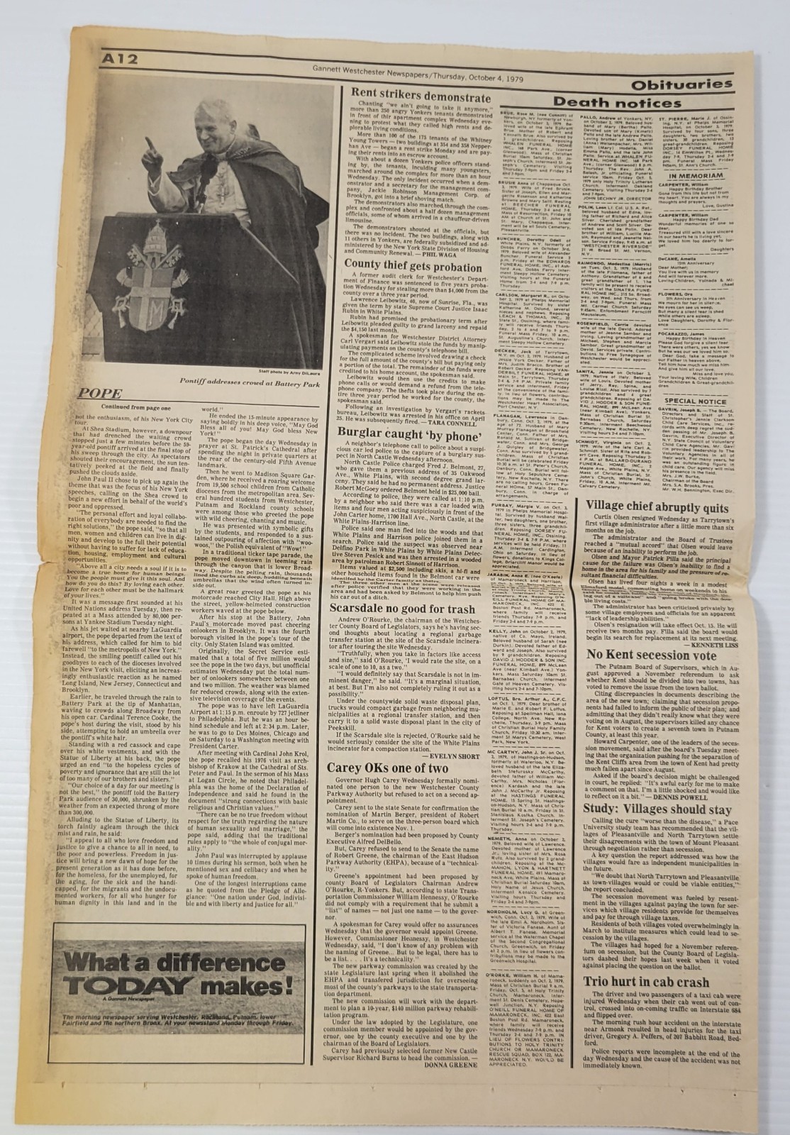 *L32) Today Newspaper October 4, 1979 Pope John Paul II Visits New York