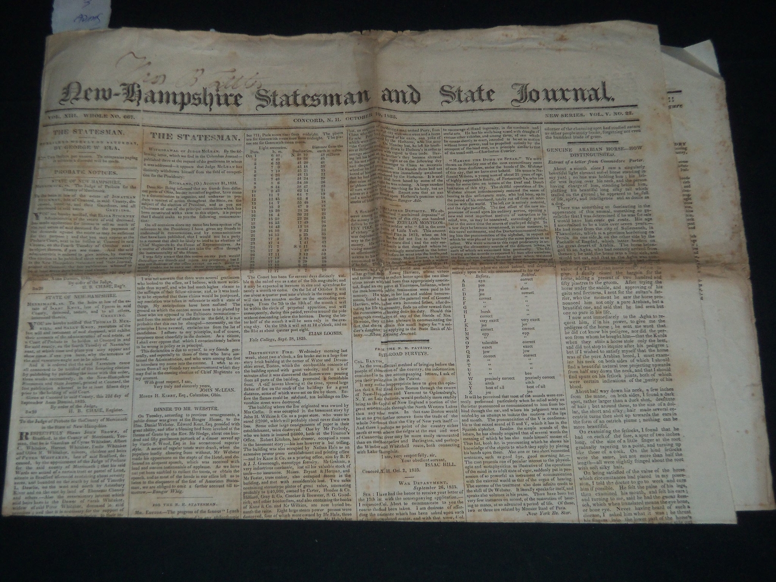 1835 OCT 10 NEW HAMPSHIRE STATESMAN – ADAMS – WEBSTER – SMALL POX – NP 614B