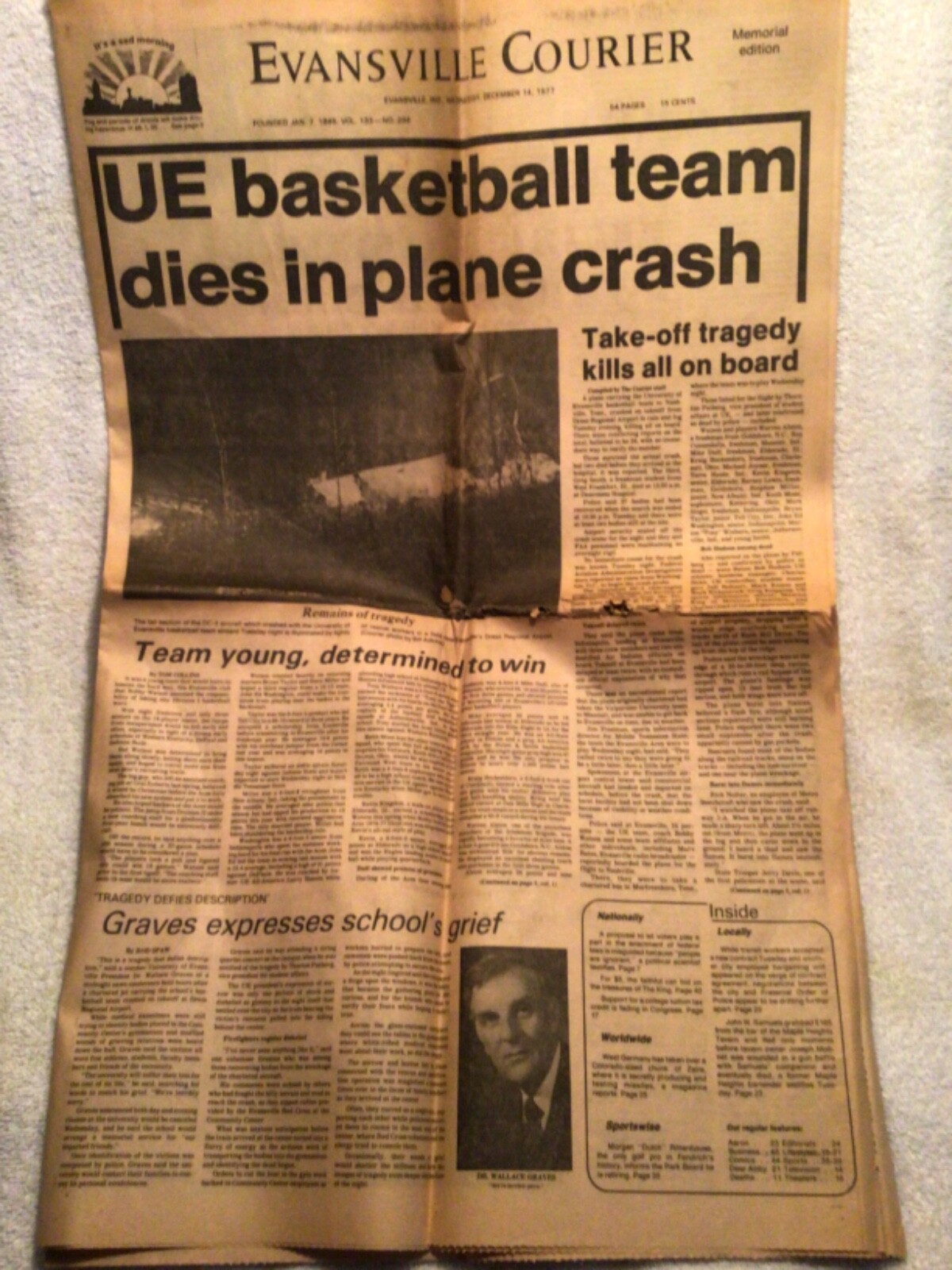 Memorial Edition Newspaper Coverage of 1977 University of Evansville Plane Crash
