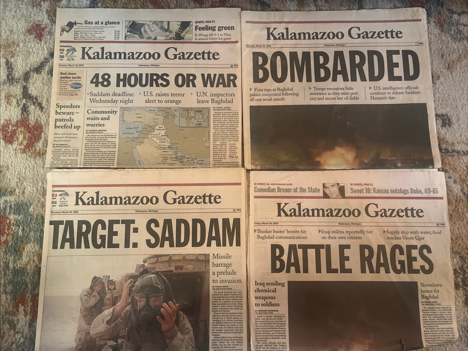 Kalamazoo Gazette March 18- 28, 2003, Front Pages, Lot Of 4, Saddam Iraq War