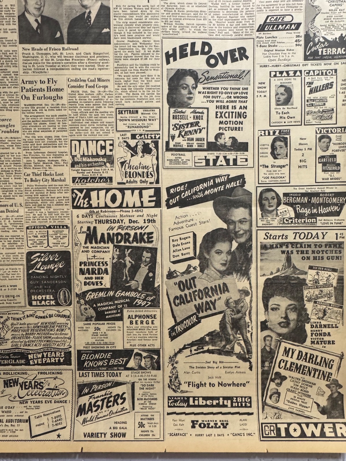 1946 DEC. MOVIE ADS 26 OKLA. CITY NEWSPAPER PAGES WITH LOTS OF ADS GROUP #25