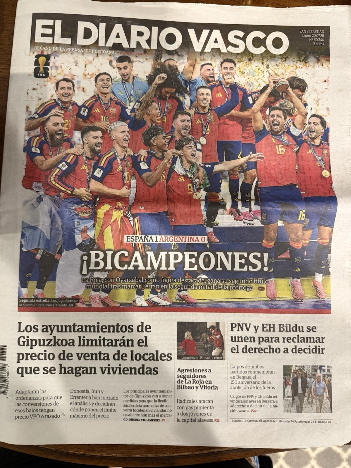 El Diario Vasco Spanish Newspaper July 20 2026 “¡BICAMPEONES!” Spain World Cup!