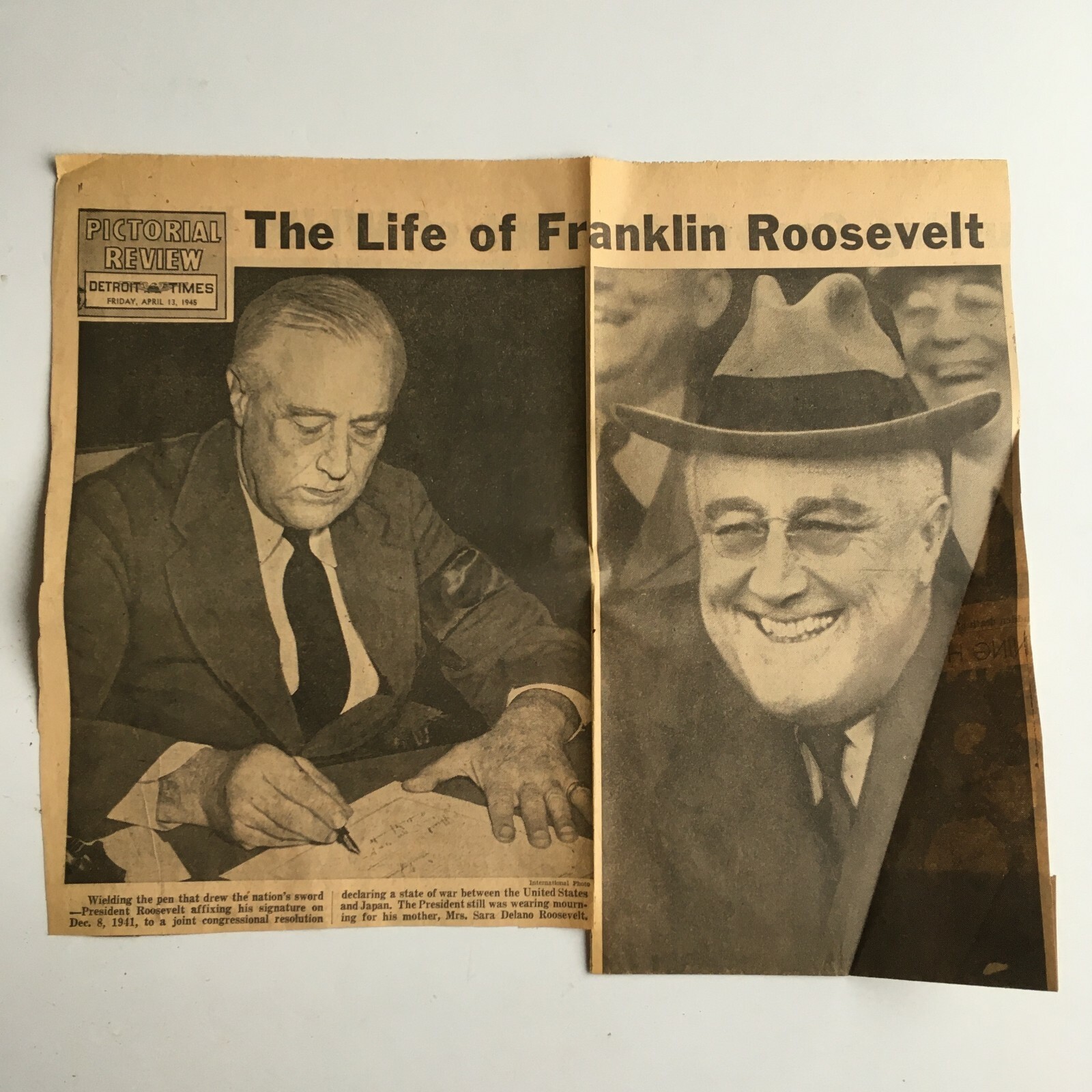 Franklin D. Roosevelt Death Newspaper Clippings Detroit Times April 13, 1945