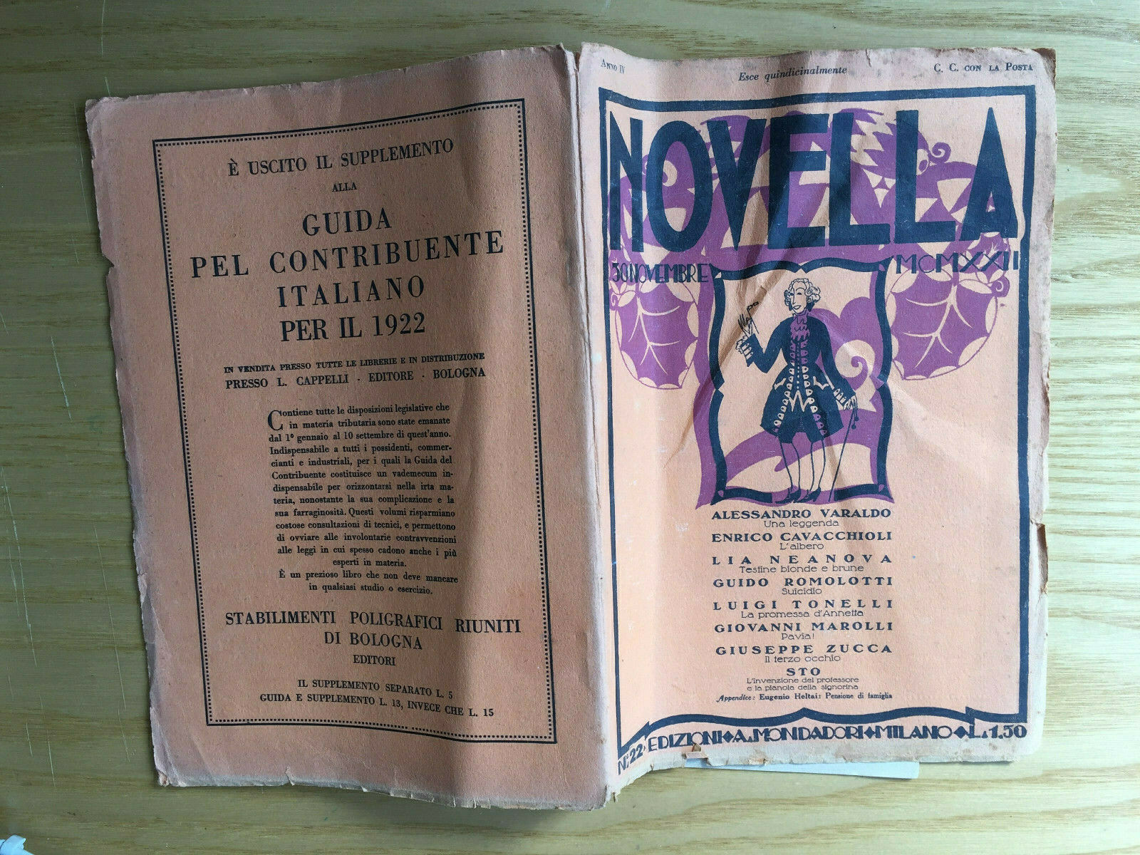 MONDADORI NOVELLA PERIODICAL ITALIAN WRITERS N° 22 1922 VARALDO CAVACCHIOLI