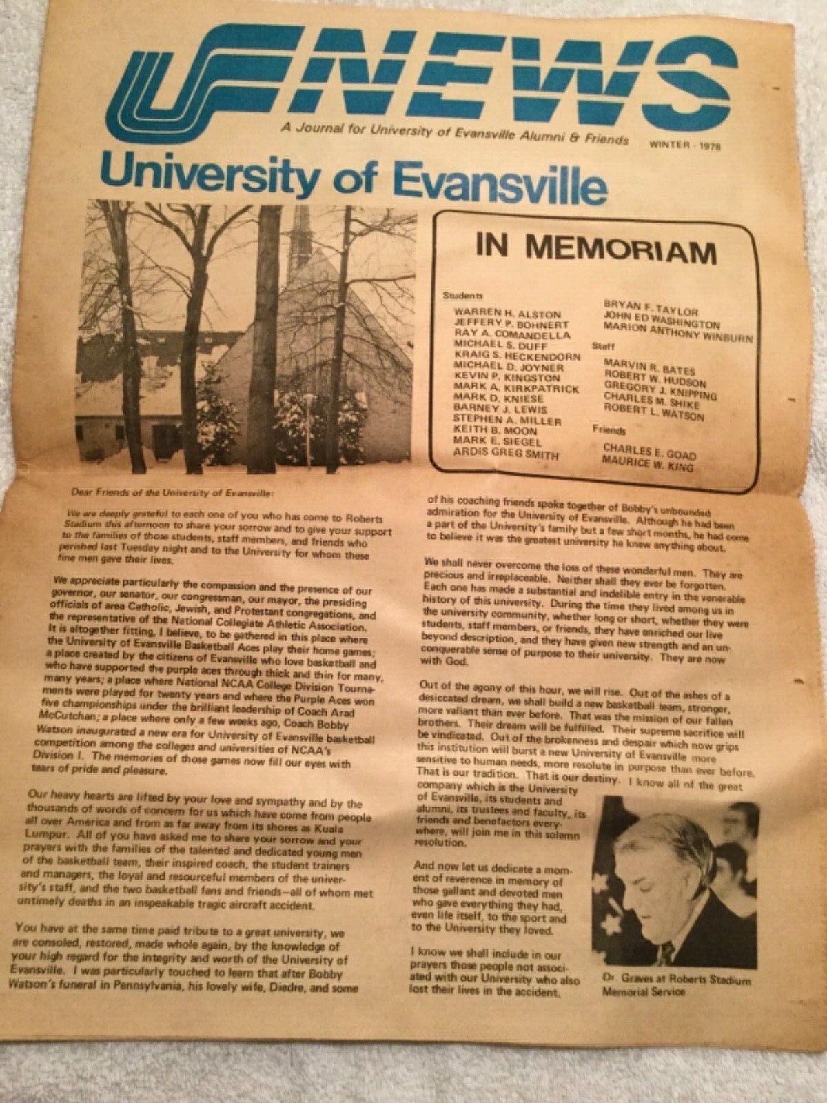 1977 University of Evansville Newspaper In Memoriam Basketball Team Plane Crash