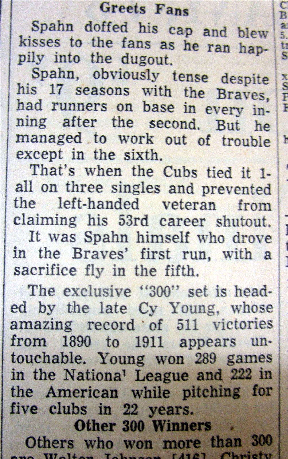 1961 newspaper MILWAUKEE BRAVES pitcher WARREN SPAHN WINS 300th ML BASEBALL GAME