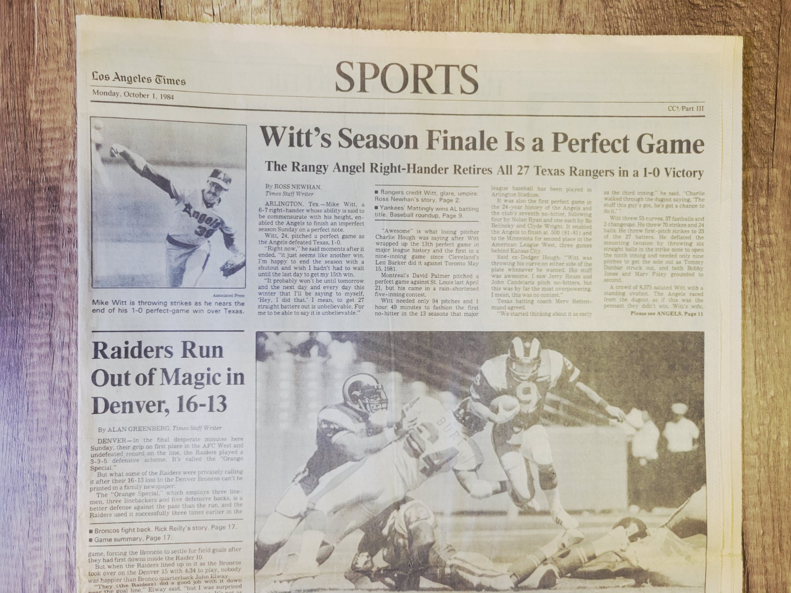 1984 Oct 1: LA Los Angeles Times Sports MLB Angels Mike Witt Throws Perfect Game