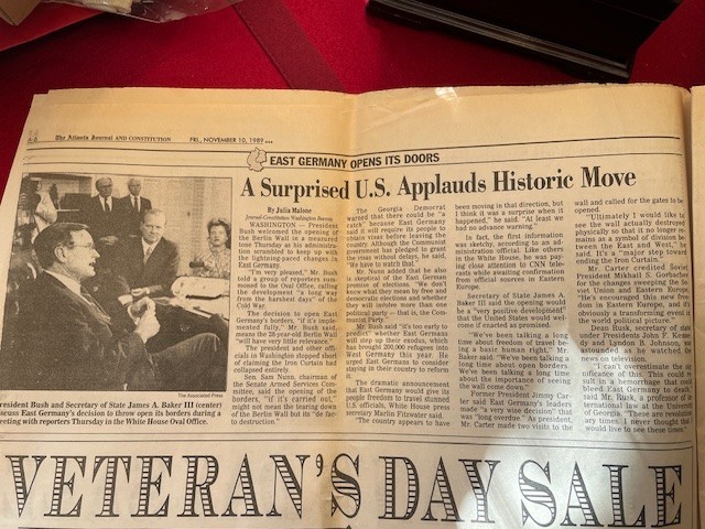 Atlanta Journal November 10, 1989 Section A Only – Berlin Wall Falls – Historic
