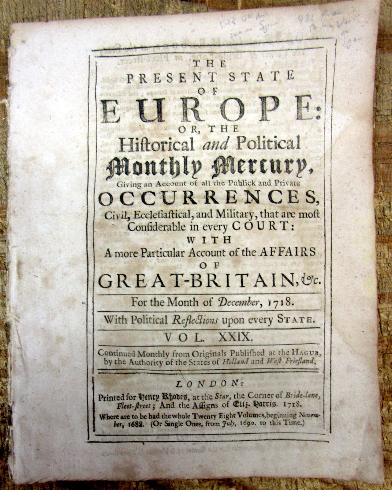1718 newspaper / news book ENGLAND & FRANCE DECLARE WAR on SPAIN – War in EUROPE