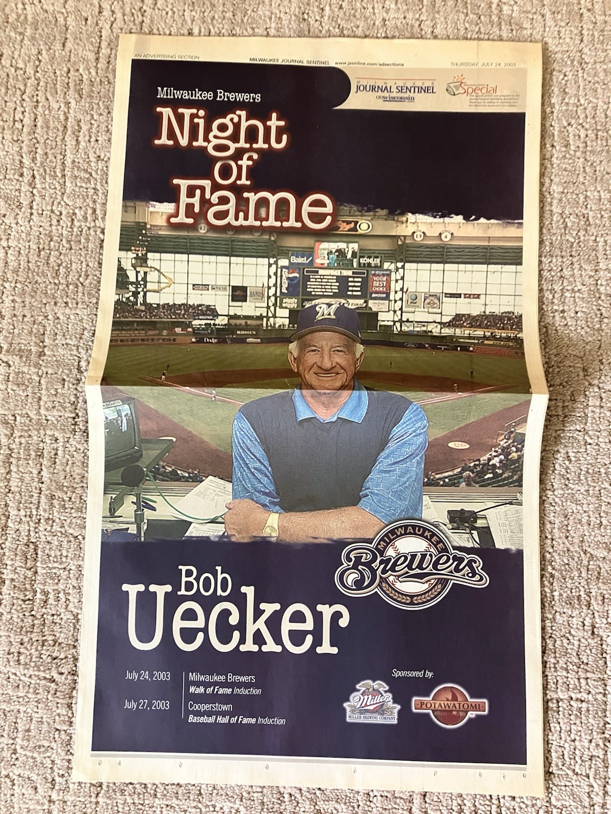 MILWAUKEE NEWSPAPER BOB UECKER NIGHT HALL OF FAME INDUCTION SPECIAL SECTION 2003