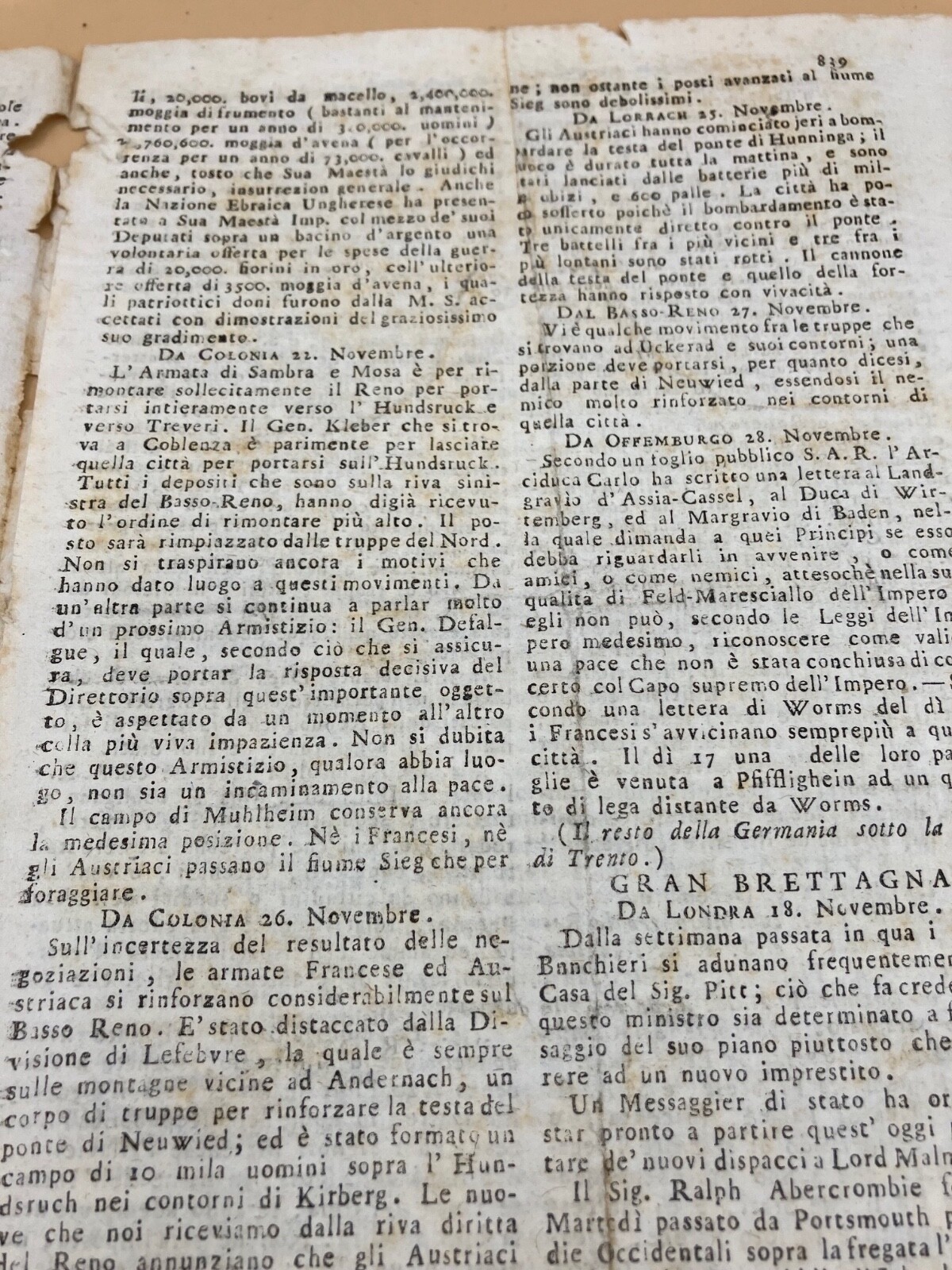1796 Original Newspaper “Notizie dal Mondo” w/ article on the Directory