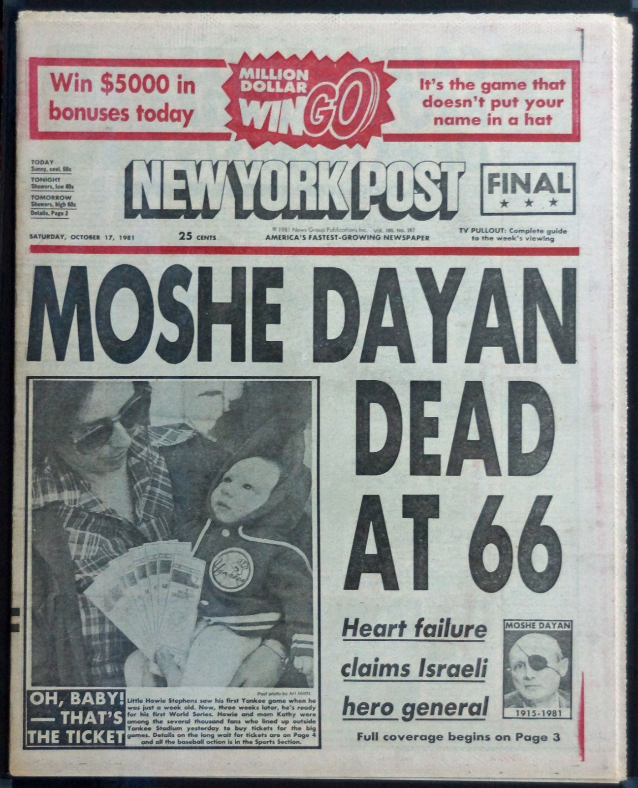 1981 New York Post Moshe Dayan Death Front Page