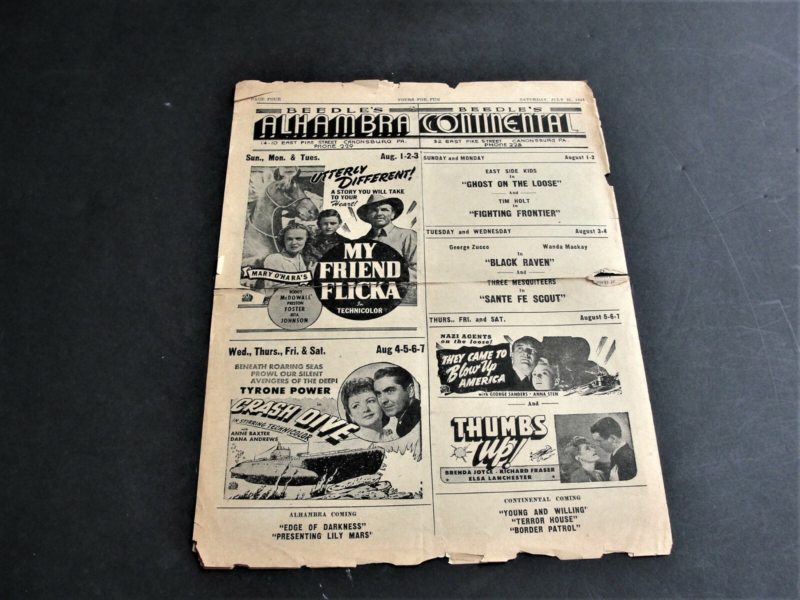 Vintage-Original 1940s Movie News & Ads.- Newspaper Set of (6). RARE.