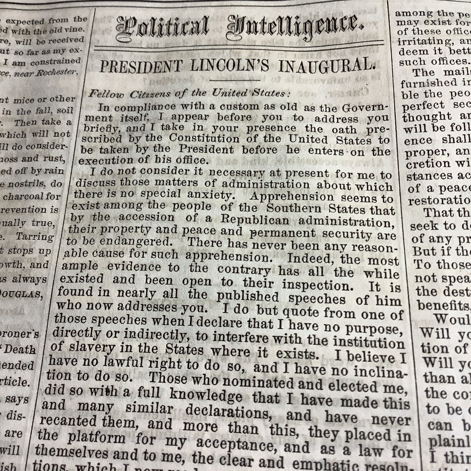 1861 CIVIL WAR NEWSPAPER ~ ABRAHAM LINCOLN INAUGURAL ADDRESS