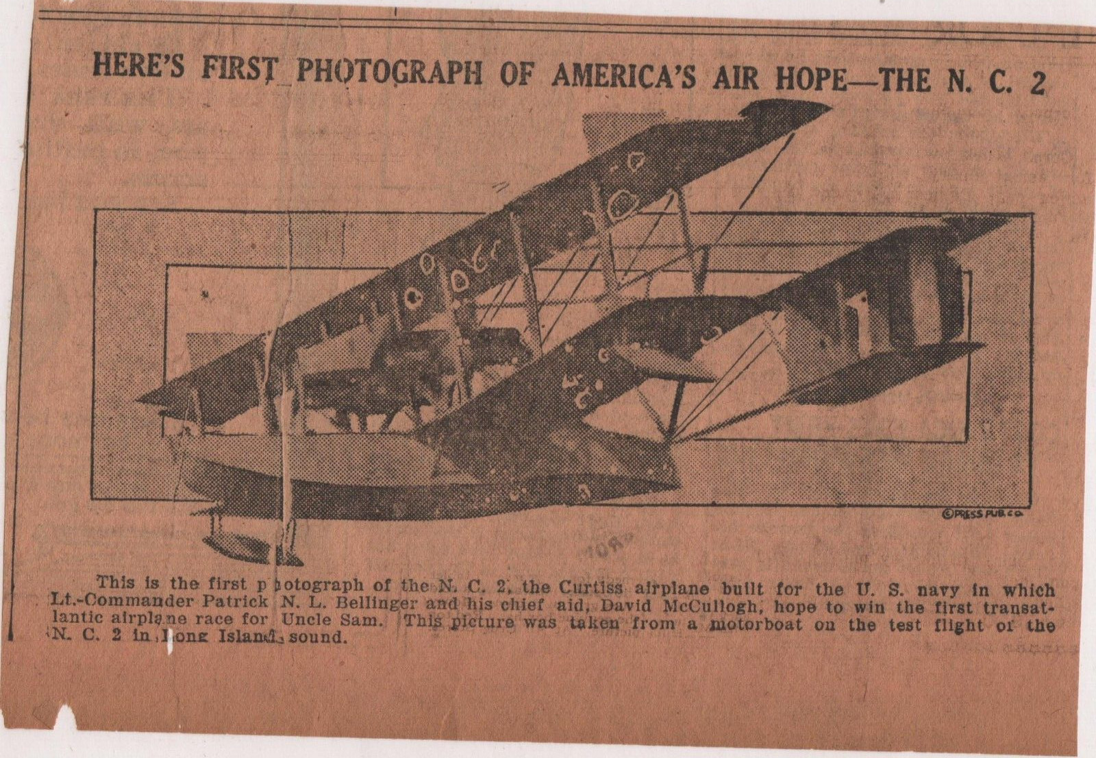 N.C. 2 CURTISS AIRCRAFT U.S. NAVY 1ST PHOTOGRAPH Long Island 1919 News Clipping