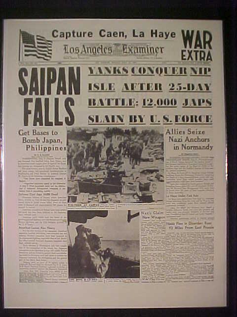 VINTAGE NEWSPAPER HEADLINES ~ WORLD WAR 2 JAPAN BATTLE SAIPAN FALLS WWII 1944